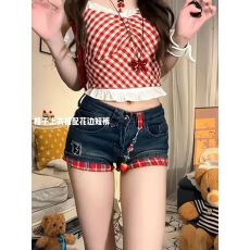 批发辣妹复古格纹拼接做旧牛仔超短裤女夏季<b class='q'>弹力</b>低腰小个子包臀热裤子
