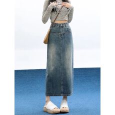 批发牛仔半身裙女春季2026新款高腰a字开叉中长款包臀裙