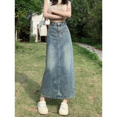 牛仔半身裙女夏季薄款2026年新款高腰后开叉中长款a字裙