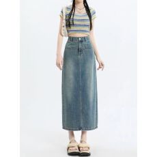 批发复古牛仔半身裙女春夏高腰修身显高a字开叉包臀裙