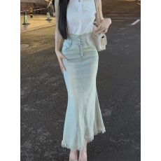 批发浅蓝中长款鱼尾牛仔半身裙女夏季设计感高腰显瘦a字毛边包臀裙子