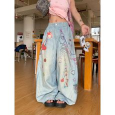 设计感涂鸦水洗牛仔裤女美式宽松休闲显瘦重工阔腿裤潮