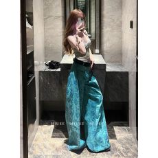 批发阔腿牛仔裤女2026新款复古印花高腰直筒裤百搭休闲裤宽松拖地<b class='q'>长裤</b>