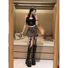 批发美式辣妹设计感豹纹牛仔半身裙女2026夏新款高腰显瘦<b class='q'>百褶</b>a字<b class='q'>短裙</b>