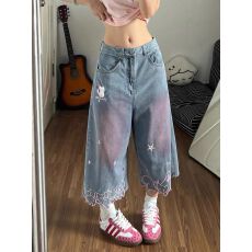 批发2026巨好看的牛仔裤<b class='q'>女</b>夏季星星趣味小猫刺绣个性小众阔脚七分裤子