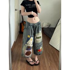 批发美式复古做旧卡通刺绣七分牛仔裤女<b class='q'>夏季</b>阔腿裤高腰宽松休闲<b class='q'>短裤</b>潮