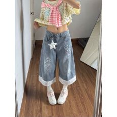 批发波点牛仔裤<b class='q'>女</b>夏季撞色拼接个性小众高级感炸街潮流休闲阔脚七分裤