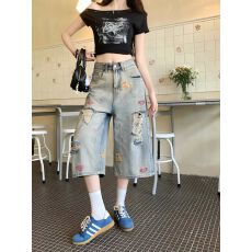 批发甜辣风小熊刺绣破洞水洗牛仔七分裤女复古高腰阔腿显瘦百搭中裤潮