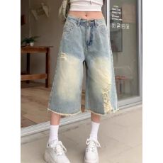 批发美式破洞毛边七分牛仔裤女春季阔腿设计感八分中裤直筒梧桐短裤子