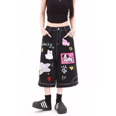 批发美式复古黑色贴布刺绣牛仔七分裤女<b class='q'>夏</b>季宽松阔腿反穿7分中裤