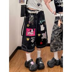 批发黑色高腰显瘦直筒牛仔短裤女<b class='q'>夏</b>季高街辣妹风七分裤子