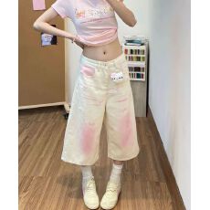 批发蝴蝶刺绣渐变粉色七分牛仔裤女款2026<b class='q'>夏</b>季新款宽松显瘦阔腿直筒裤
