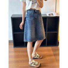 批发复古蓝烫钻五分牛仔裤女<b class='q'>夏</b>季新款设计感高腰宽松阔腿短裤