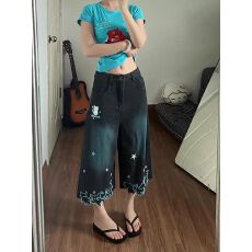 批发黑色牛仔裤<b class='q'>女</b>夏季2026新款美式复古星星小猫刺绣小众阔脚七分裤子