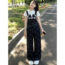 批发复古小猫星星印花宽松直筒牛仔<b class='q'>背带裤</b>女甜酷风减龄休闲长裤夏新款