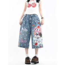 批发童趣卡通猫咪贴布刺绣<b class='q'>牛仔裤</b>男女夏季宽松阔腿做旧七分裤潮