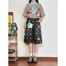 批发美式复古星星贴布满印刺绣牛仔<b class='q'>短裤</b><b class='q'>女</b>夏季宽松七分裤