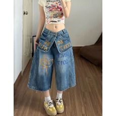 批发辣妹涂鸦字母印花双腰搭片假两件牛仔七分裤<b class='q'>女</b>夏季设计感阔腿<b class='q'>短裤</b>