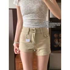批发卡其色牛仔短裤女夏季小个子不露***高腰美式弹力显瘦a字热裤子