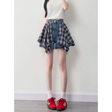 批发高腰a字牛仔短裤女2026新款夏季设计感格子拼接裙裤