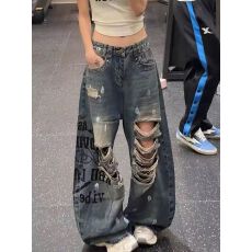 批发帅气字母印花破洞垂感牛仔弯刀裤女夏新款宽松显瘦百搭直筒香蕉裤