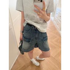 批发美式复古多口袋毛边高腰牛仔短裤女夏季新款设计感宽松显瘦阔腿裤