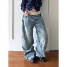 批发美式高街螺纹腰头拼接牛仔裤子女辣妹复古设计感做旧洗水拖地长裤