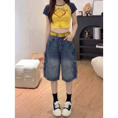 批发显瘦美式大口袋复古牛仔五分裤夏季新款女装宽松阔腿短裤