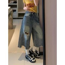 批发美式复古破洞七分牛仔裤女2026夏季新款高腰毛边做旧直筒7分中裤