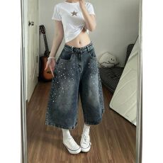 批发美式复古烫钻七分牛仔裤男女夏季2026新款<b class='q'>水洗</b>做旧宽松直筒短裤潮