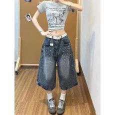 批发美式复古<b class='q'>水洗</b>烫钻牛仔七分裤女夏季新款设计感小众宽松阔腿短裤子