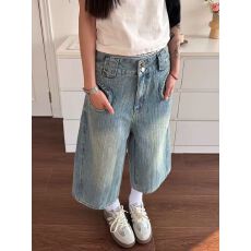 批发美式复古竹节纹<b class='q'>水洗</b>做旧牛仔七分裤男女街头宽松休闲小众设计短裤