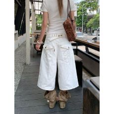 批发美式复古巴黎扣白色牛仔七分裤夏季<b class='q'>男</b>女宽松休闲裤<b class='q'>短裤</b>