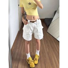 批发白色短裤女夏薄款潮酷美式工<b class='q'>装</b>高腰休闲显瘦别致小众a字阔腿裤子