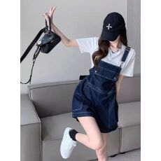 批发复古减龄深蓝色牛仔背带裤短裤女2026夏季<b class='q'>新款</b>洋气百搭吊带<b class='q'>连体裤</b>