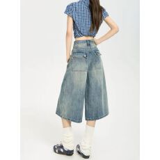 批发设计感水洗七分牛仔短裤女夏季宽松<b class='q'>显瘦</b>小个子工装直筒阔腿中裤子