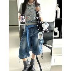 批发美式复古工<b class='q'>装</b>牛仔短裤五分裤<b class='q'>女</b>夏季新款宽松水洗口袋毛边直筒中裤