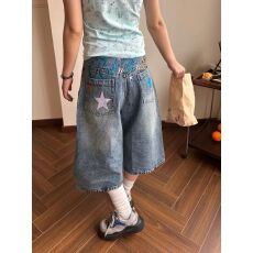 批发美式复古字母星星刺绣宽松阔腿直筒<b class='q'>七分裤</b><b class='q'>男</b>女夏季牛仔<b class='q'>短裤</b>