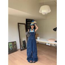 批发美式街头设计感波点大口袋工<b class='q'>装</b>背带裤<b class='q'>女</b>复古宽松显瘦裤子