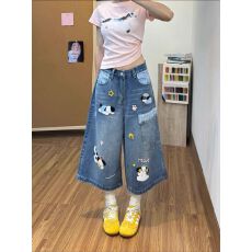 批发美式卡通小狗刺绣七分牛仔裤<b class='q'>女</b>夏季2026新款设计感宽松中裤短裤子