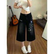 批发星星刺绣贴布七分<b class='q'>牛仔</b>裤女夏季宽松显瘦阔腿百搭中<b class='q'>短裤</b>潮