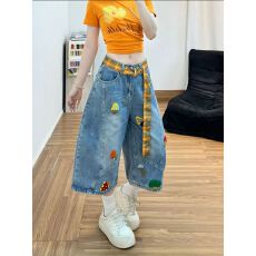 批发美式复古设计感毛巾刺绣蘑菇<b class='q'>牛仔</b><b class='q'>短裤</b>女夏季宽松直筒阔腿裤弯刀裤