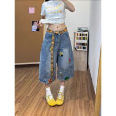 批发设计感复古卡通蘑菇刺绣七分<b class='q'>牛仔</b>裤裤子女款2026夏季新款阔腿<b class='q'>短裤</b>