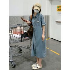 批发夏季短袖休闲宽松<b class='q'>牛仔</b>连衣裙女夏小个子2026新款港风复古衬衫裙子