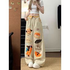 批发小狗贴布绣格纹阔脚牛仔裤<b class='q'>女</b>夏季休闲长裤子