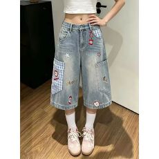 批发美式复古苹果小狗刺绣牛仔裤<b class='q'>女</b>秋季新款宽松格纹大口袋工装<b class='q'>七分裤</b>
