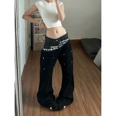 批发美式街头铆钉牛仔<b class='q'>裤</b>女2026秋季新款不规则双头腰标语印花直筒长<b class='q'>裤</b>