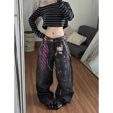批发街头风复古黑色<b class='q'>牛仔裤</b><b class='q'>女</b>2026秋季新款破洞<b class='q'>个性</b>设计宽松显瘦阔腿<b class='q'>裤</b>