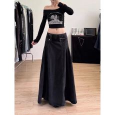批发复古做旧黑灰色牛仔半身裙女款2026秋季<b class='q'>新款</b>高腰褶皱辣妹工装<b class='q'>长裙</b>