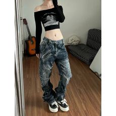 批发美式个性辣妹重磅划痕铆钉设计感<b class='q'>牛仔裤</b>子秋季女<b class='q'>修身</b>弯刀堆堆长裤